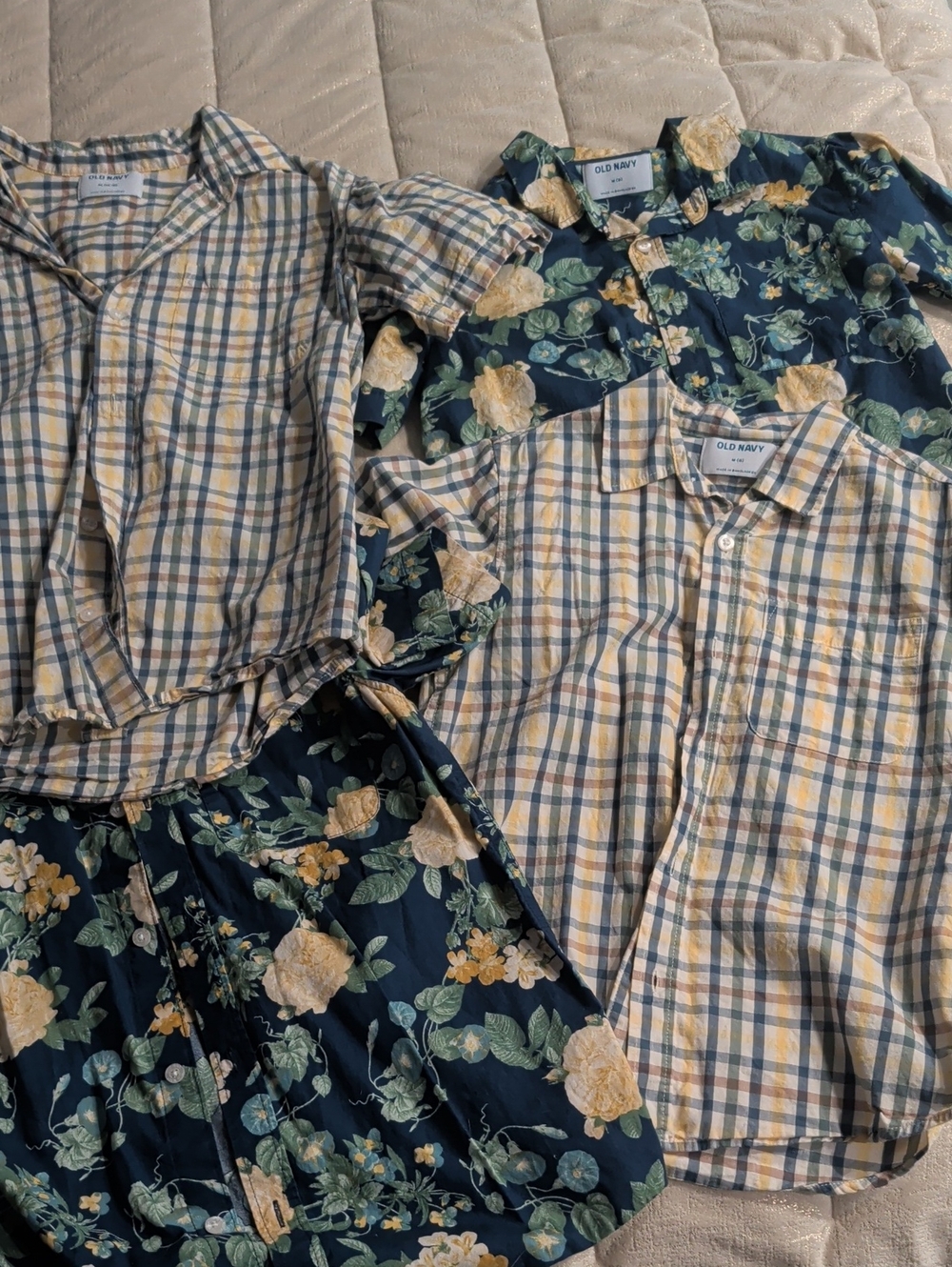 Old Navy Navy & Yellow Floral and Plaid Button-Down Tops